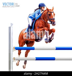 Jockey à cheval.Champion.Équitation.Sports équestres.Jockey équitation saut à cheval.Affiche.Arrière-plan sportif.Isolé.Illustration vectorielle Illustration de Vecteur