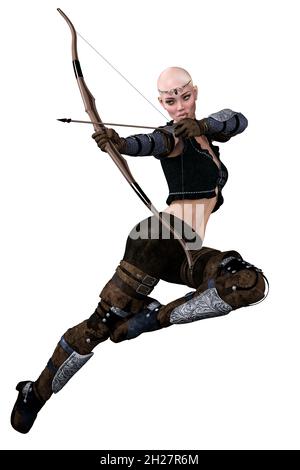 Femme Archer Elf caucasien avec noeud et flèche sur fond blanc isolé, illustration 3D, rendu 3D Banque D'Images