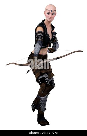 Femme Archer Elf caucasien avec noeud et flèche sur fond blanc isolé, illustration 3D, rendu 3D Banque D'Images