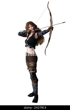 Femme Archer Elf caucasien avec noeud et flèche sur fond blanc isolé, illustration 3D, rendu 3D Banque D'Images