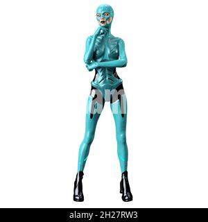 Cyborg Woman sur fond blanc isolé, 3D Illustration, rendu 3D Banque D'Images