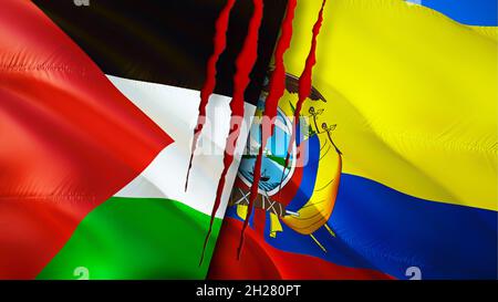 La Palestine et l'Equateur drapeaux avec le concept de cicatrice.Drapeau d'ondulation, rendu 3D.Conflit entre la Palestine et l'Équateur.Palestine Équateur concept de relations. Banque D'Images