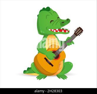 Un crocodile mignon joue de la guitare et chante.Illustration vectorielle , style de dessin animé isolé sur fond blanc Illustration de Vecteur