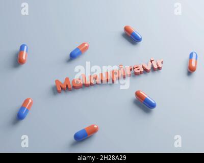 Poltava, Ukraine - 19 octobre 2021 comprimés de Molnupiravir, traitement du covid.Traitement du coronavirus, rendu 3d.Couche plate de capsules rouges et bleues Banque D'Images