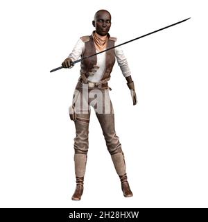 Scifi et Fantasy Adventurer POC Woman sur fond blanc isolé, 3D Illustration, rendu 3D Banque D'Images