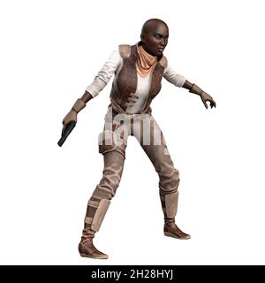 Scifi et Fantasy Adventurer POC Woman sur fond blanc isolé, 3D Illustration, rendu 3D Banque D'Images