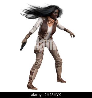Scifi et Fantasy Adventurer POC Woman sur fond blanc isolé, 3D Illustration, rendu 3D Banque D'Images