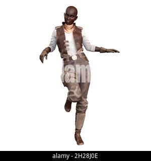 Scifi et Fantasy Adventurer POC Woman sur fond blanc isolé, 3D Illustration, rendu 3D Banque D'Images