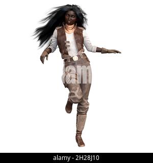 Scifi et Fantasy Adventurer POC Woman sur fond blanc isolé, 3D Illustration, rendu 3D Banque D'Images