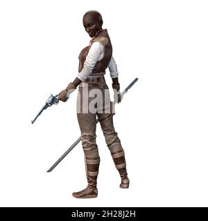 Scifi et Fantasy Adventurer POC Woman sur fond blanc isolé, 3D Illustration, rendu 3D Banque D'Images
