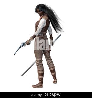 Scifi et Fantasy Adventurer POC Woman sur fond blanc isolé, 3D Illustration, rendu 3D Banque D'Images