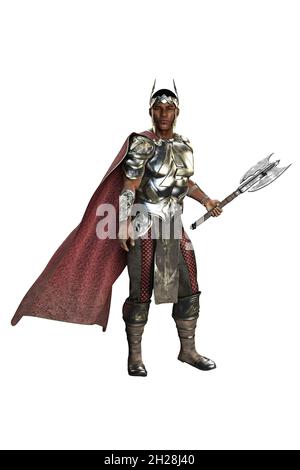 Medieval Fantasy POC Warrior King Man avec épée sur fond blanc isolé, illustration 3D, rendu 3D Banque D'Images