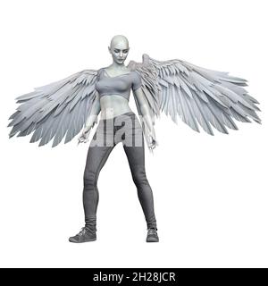 Ange déchu avec ailes blanches Femme caucasienne sur fond blanc isolé, illustration 3D, rendu 3D Banque D'Images