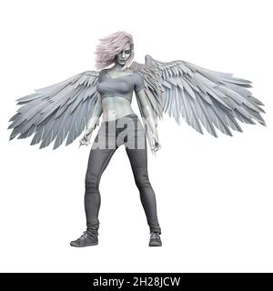 Ange déchu avec ailes blanches Femme caucasienne sur fond blanc isolé, illustration 3D, rendu 3D Banque D'Images