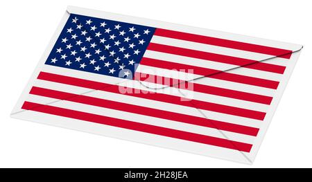 Enveloppe fermée avec drapeau US.Une enveloppe blanche fermée avec le drapeau américain isolé sur fond blanc.illustration 3d Banque D'Images