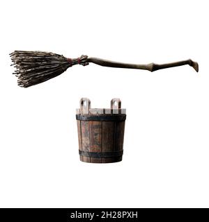 Old Wicked Witch Broom and Bucket, Illustration 3D, rendu 3D Banque D'Images