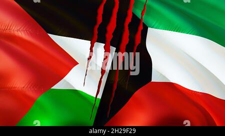 Drapeaux de Palestine et du Koweït avec concept de cicatrice.Drapeau d'ondulation, rendu 3D.Conflit entre la Palestine et le Koweït.Palestine Koweït concept des relations. fla Banque D'Images