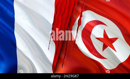 France et Tunisie drapeaux avec le concept de cicatrice.Drapeau d'ondulation, rendu 3D.Concept de conflit entre la France et la Tunisie.France Tunisie concept des relations. Drapeau de F Banque D'Images