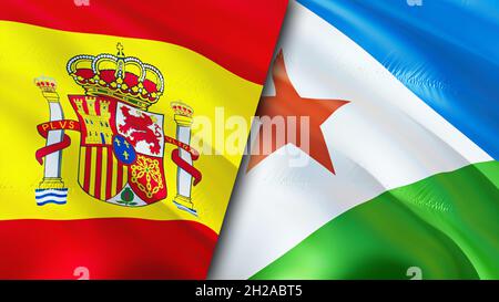 Drapeaux de l'Espagne et de Djibouti.Motif drapeau en relief.Espagne drapeau de Djibouti, image, papier peint.Espagne vs Djibouti image, rendu 3D.Espagne Djibouti relatio Banque D'Images