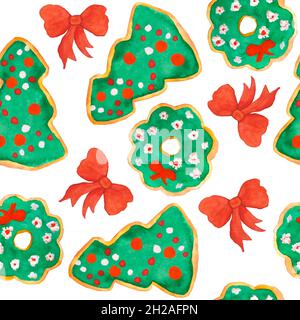 Aquarelle sans couture dessin à la main avec des biscuits de Noël nourriture nouvel an pain d'épice homme couronne boucles flocons de neige.Collations Celebration cuisine dans les couleurs traditionnelles de vert rouge.Fond d'hiver amusant pour papier d'emballage textile Banque D'Images
