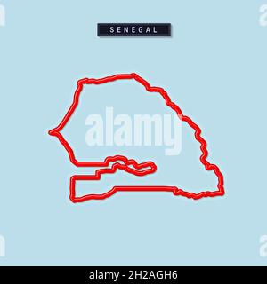 Carte du Sénégal en gras.Bordure rouge brillante avec ombre molle.Plaque d'identification du pays.Illustration vectorielle. Illustration de Vecteur