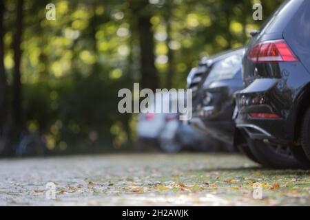 stationnement de voitures dans un parking avec pavés, entouré d'arbres Banque D'Images