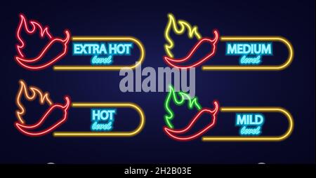 Ensemble de piment avec feu de néon Icon.Panneau au piment fort.Illustration du vecteur de niveaux Spice.Des panneaux lumineux de nuit. Illustration de Vecteur