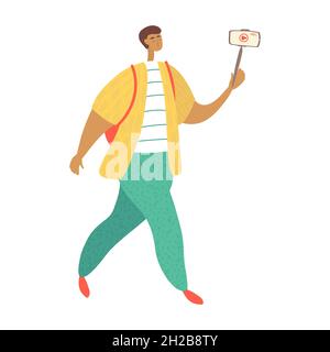 Jeune homme utilisant un smartphone pour les appels vidéo.Influenceur créant vlog sur les voyages.Communication réseau, concept de blogging.Illustration vectorielle plate Illustration de Vecteur