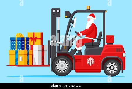 Le Père Noël dans un chariot élévateur rouge chargé de boîtes cadeaux Illustration de Vecteur