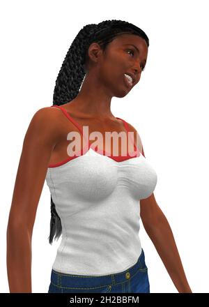 Jeune femme noire numériquement rendue dans une tenue décontractée d'été, illustration 3d. Banque D'Images