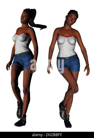 Jeune femme noire numériquement rendue dans une tenue décontractée d'été, illustration 3d. Banque D'Images