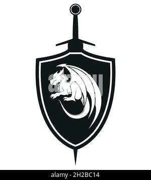 épée et bouclier avec symbole dragon, vecteur d'illustration noir et blanc Illustration de Vecteur