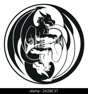 Dragons en cercle Yin et yang - symbole Dragon, vecteur d'illustration noir et blanc Illustration de Vecteur