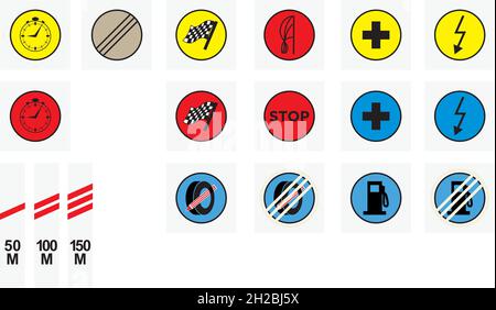 Ensemble complet de signalisation officielle pour les sports automobiles, la rallye, les sports automobiles, les scènes spéciales.Contrôle du temps, démarrage, finition volante, arrêt, point milieu,point sos. Illustration de Vecteur