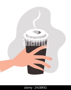 Tasse à café jetable en plastique avec café chaud de style plat.Tasse en plastique pour boissons chaudes.Le cappuccino, le décaféiné et le latte sont illustrés.Prenez le café à l'extérieur Illustration de Vecteur