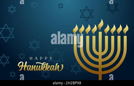 Bonne carte de voeux Hanukkah, menorah dorée et étoiles david.Hanukka or couleurs candélabrum utilisé dans le culte juif avec huit branches.Vecteur Illustration de Vecteur