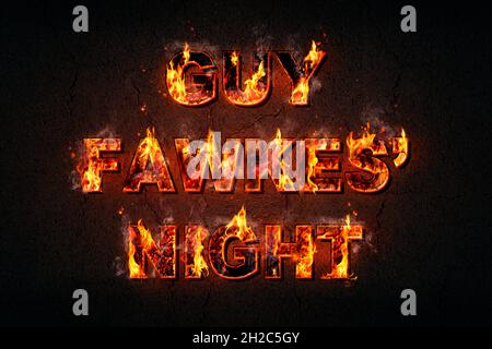 Texte de nuit de Guy Fawkes avec calligraphie flamboyante sur fond sombre avec des étincelles explosives et des émbres brûlants.Carte ou affiche pour Bonfire Night Banque D'Images