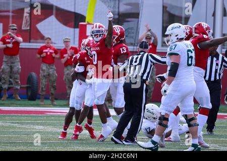 Bloomington, États-Unis.16 octobre 2021.L'Indiana University célèbre l'interception de Josh Sanguinetti contre l'État du Michigan lors d'un match de football de la NCAA le 16 octobre 2021 au Memorial Stadium de Bloomington.(IND.UI perdu à l'État du Michigan 20-15) crédit: SOPA Images Limited/Alay Live News Banque D'Images