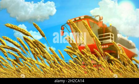 Moissonneuse de grain sur le champ de seigle le jour ensoleillé , illustration 3D industrielle de cg fictive Banque D'Images
