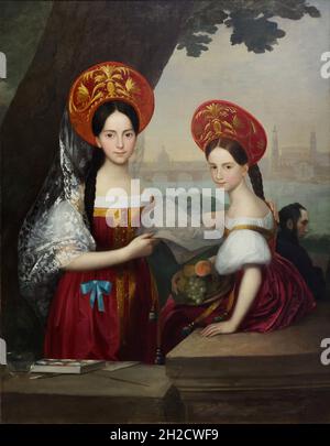 Peinture "Portrait de deux filles" par le peintre romantique allemand Julius Ferdinand Wilhelm Sattler (1840).Deux filles, éventuellement sœurs, en costumes russes stylisés avec Dresde en arrière-plan sont représentées dans la peinture.L'artiste dépeint très probablement ses étudiants, deux femmes de la cour russe qui ont pris des leçons de lui tout en vivant à Dresde.Sattler lui-même est représenté en arrière-plan. Banque D'Images