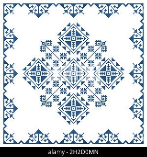 Bosnie-Herzégovine traditionnel Zmijanje broderie folk art vector motif, conception géométrique avec cadre bleu marine sur blanc Illustration de Vecteur