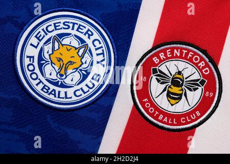 Gros plan sur l'écusson du club de Leicester et Brentford. Banque D'Images