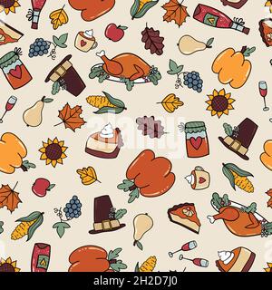 Mignon main dessiné Thanksgiving sans couture motif, la nourriture et les gribouillages d'automne, idéal pour les textiles, bannières, fonds d'écran, emballage - motif vectoriel Illustration de Vecteur