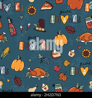 Mignon main dessiné Thanksgiving sans couture motif, la nourriture et les gribouillages d'automne, idéal pour les textiles, bannières, fonds d'écran, emballage - motif vectoriel Illustration de Vecteur