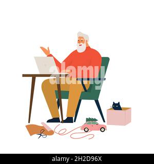 Vieux Père Noël barbu portant un masque, tenant une boîte cadeau le soir de Noël assis à une table confortable tard dans la nuit à l'aide d'un ordinateur portable.Joyeux Christma Illustration de Vecteur