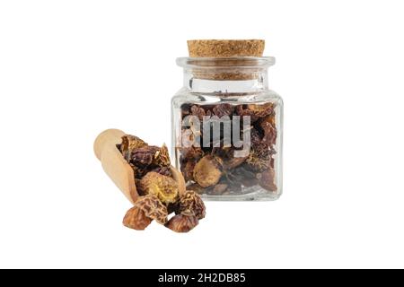 fruits secs de la hanche de rose dans une pelle en bois et un pot en verre sur un fond blanc isolé.Herbes et ingrédients alimentaires. Banque D'Images