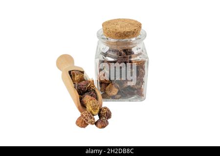 fruits secs de la hanche de rose dans une pelle en bois et un pot en verre sur un fond blanc isolé.Herbes et ingrédients alimentaires. Banque D'Images