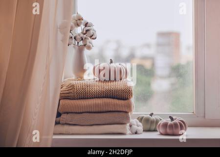 Une pile de chandails tricotés chauds sur le rebord de la fenêtre avec des citrouilles et un vase de coton plante le jour de la pluie, dans des tons pastel. Banque D'Images