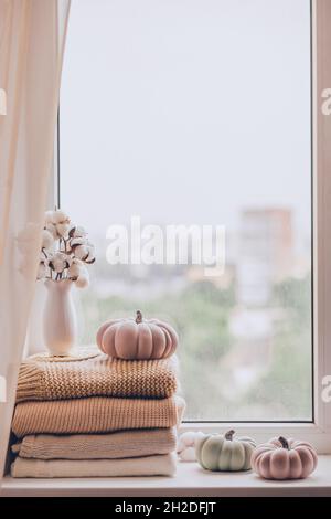 Une pile de chandails tricotés chauds sur le rebord de la fenêtre avec des citrouilles et un vase de coton plante un jour pluvieux dans des tons pastel. Banque D'Images