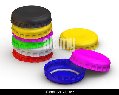 Bouchons de flacons multicolores.De nombreux bouchons de bouteille de différentes couleurs sur une surface blanche.illustration 3d Banque D'Images